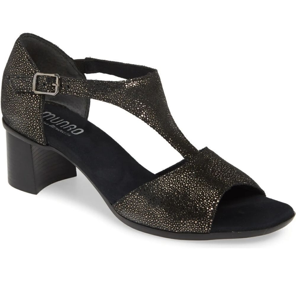 New Munro Women's Violet T-Strap Sandal Black Metallic Gold Print 7.5